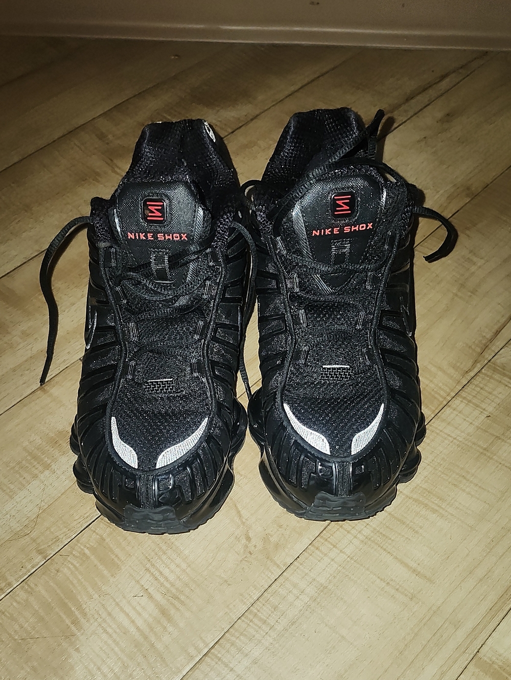 Nike Shox Men's Black Athletic Sneakers with Red Logo Accents
